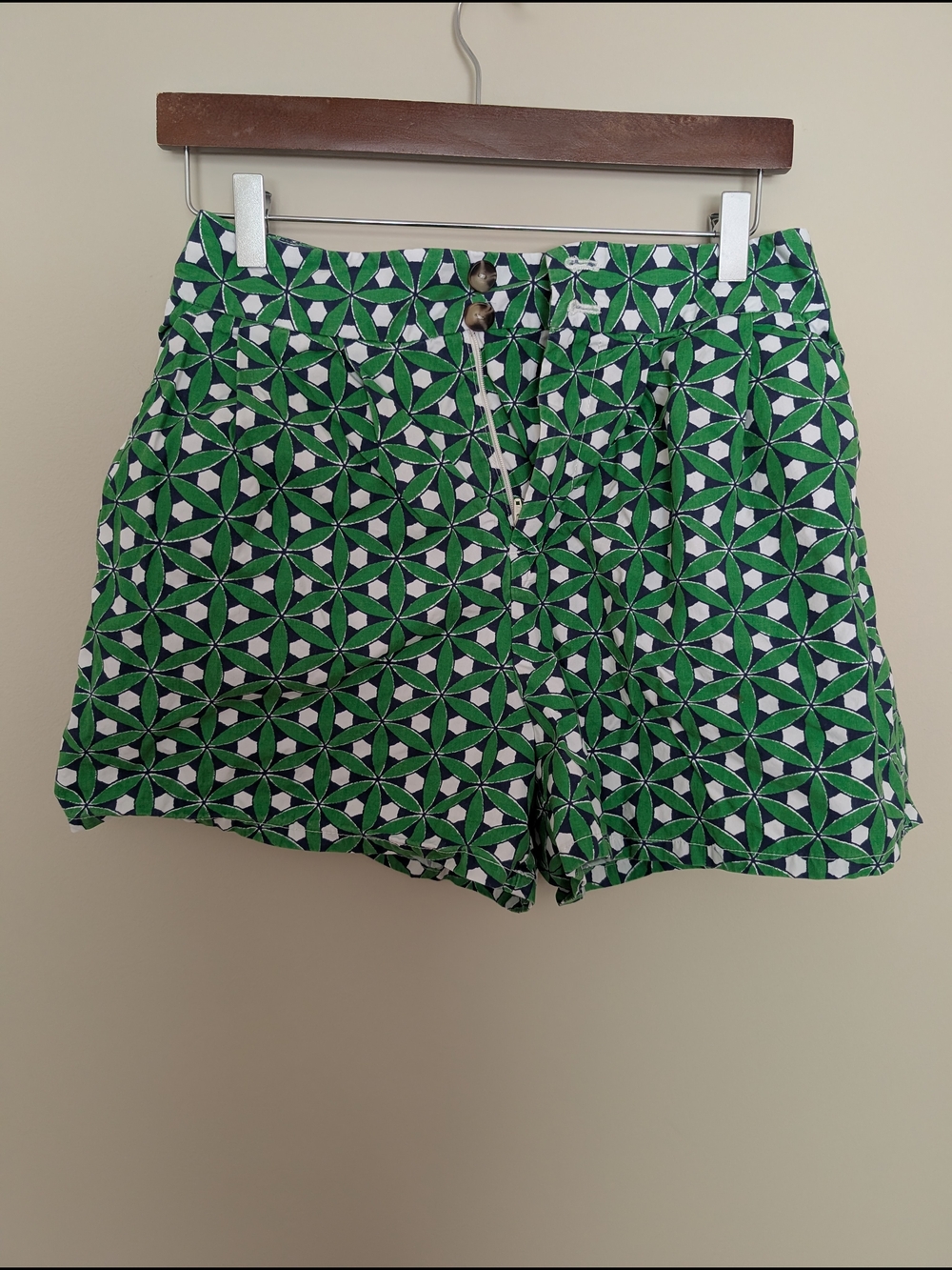 Anthropologie Green and White Geometric High-Waist Shorts